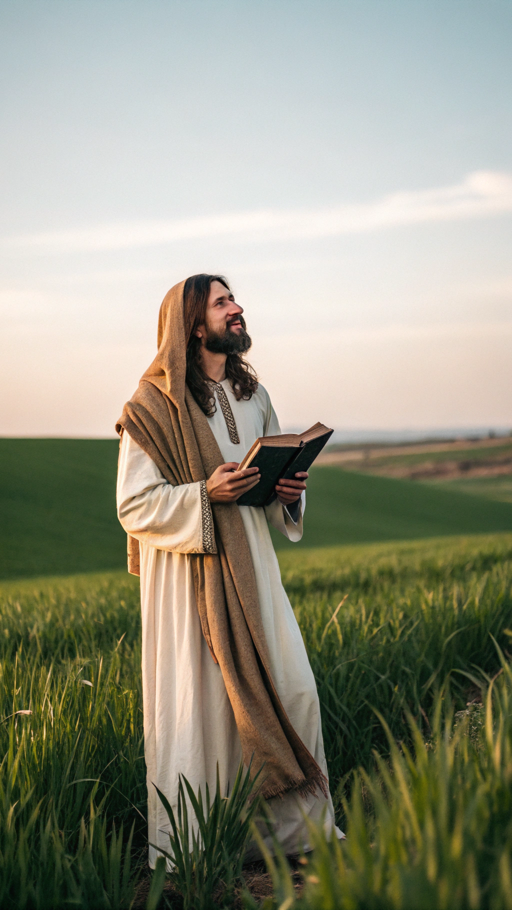 AI generated image by Red Panda AI: Crea a Jesús,con una Biblia y de fondo un campo verde