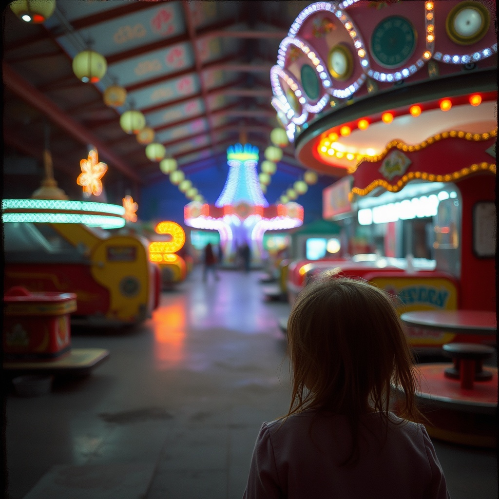 AI generated image by FLUX.1-schnell: analog flash photo of an abandoned, empty, frozen in time and slightly unsettling, but also familiar, A little girl in the amusement park,blurred lights,strange colors,old - fashioned rides,abandoned atmosphere, Nostalgia, familiarity, discomfort, after hours, urbancore, the effect of being in a retro horror or RPG video game --v 6.0