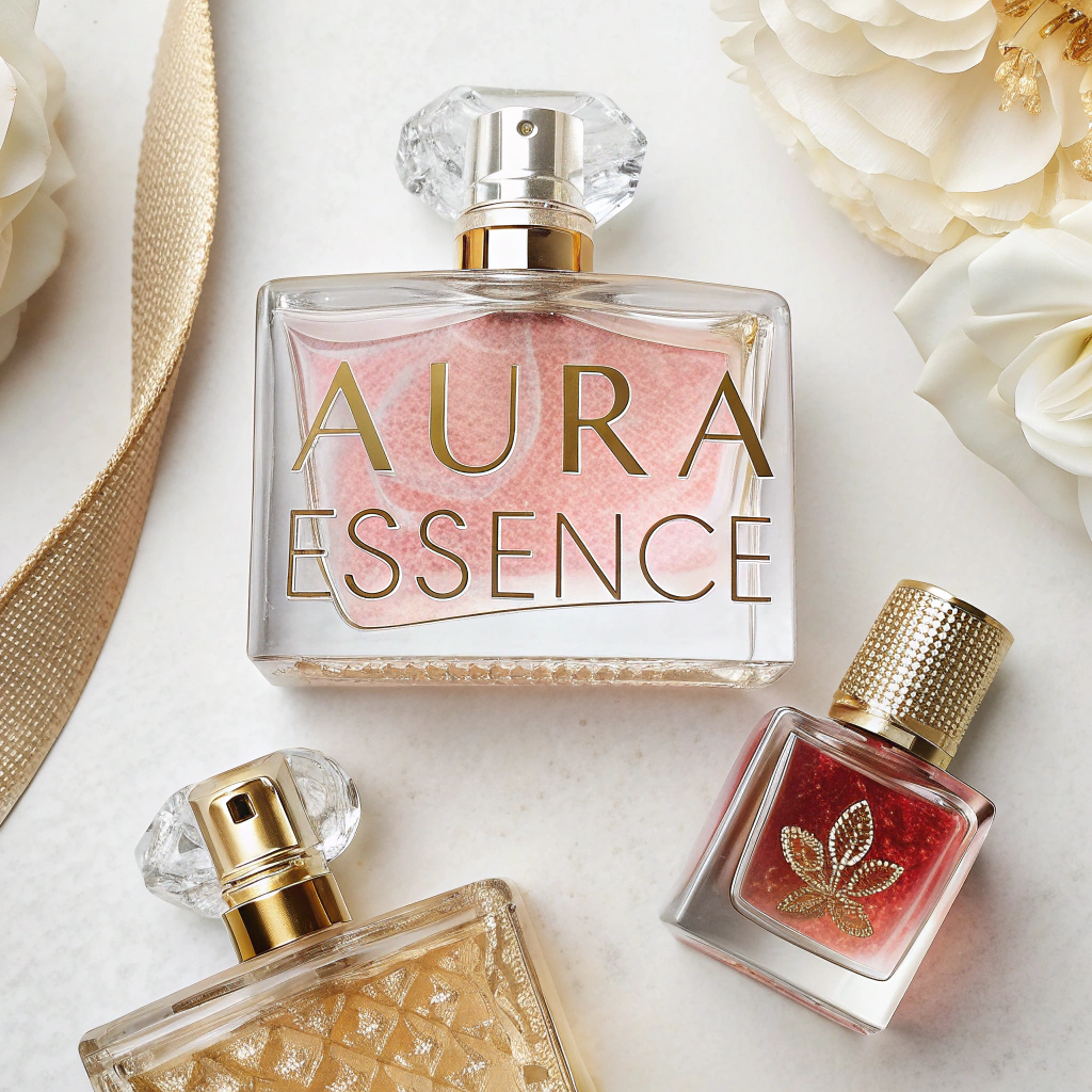 AI generated image by Red Panda AI: Crea una imagen que esté compuesta por perfumes que forman la palabra Aura essence