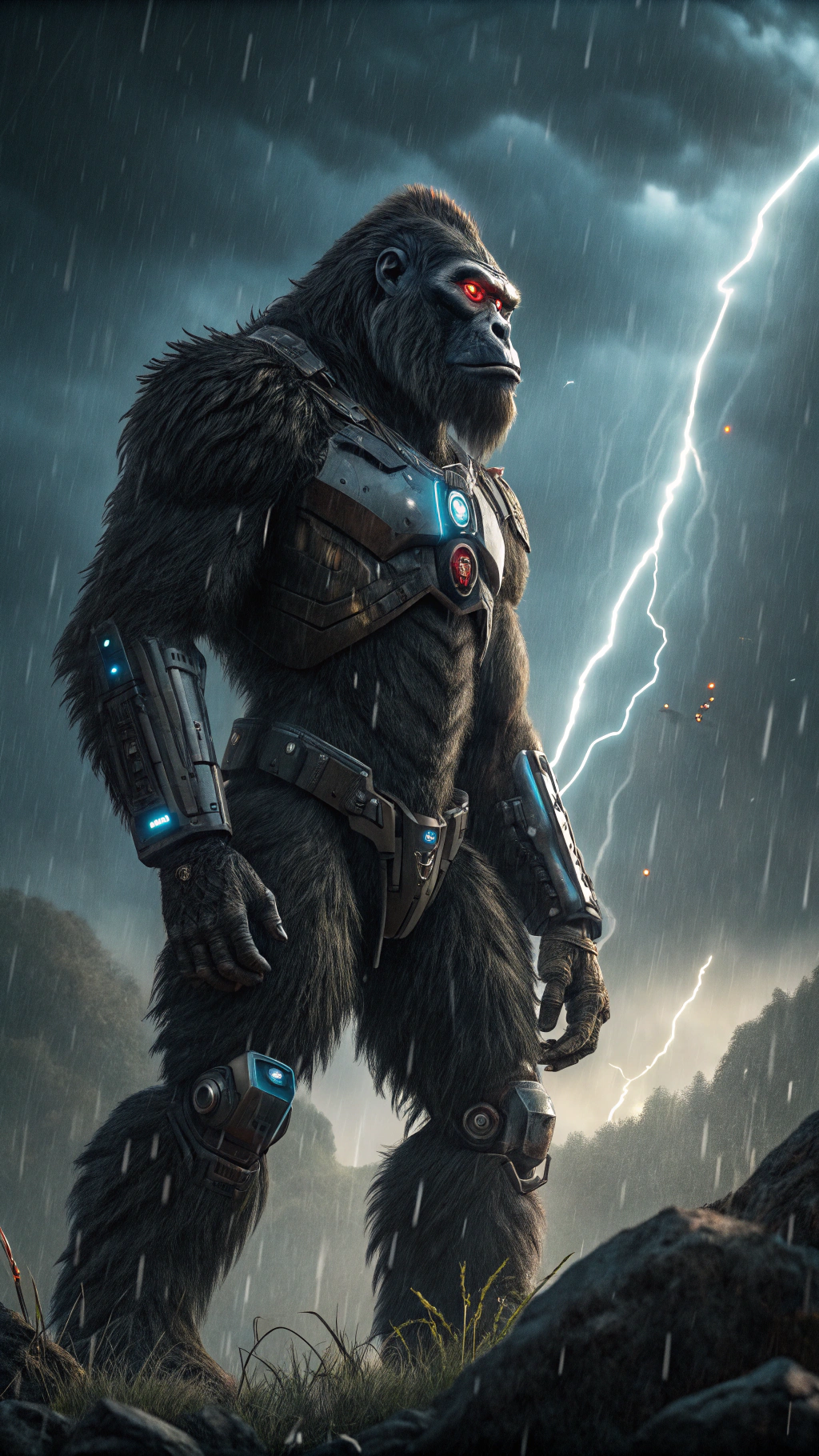 AI generated image by Red Panda AI: Imagine a movie poster with a cyborg gorilla prominently featured. The imposing gorilla stands in a powerful stance, with its dark fur and musculature blending seamlessly with metallic parts and cybernetic components. The joints of their limbs exhibit mechanical joints, where cables and metal plates are integrated with the muscles. Its eyes glow with red LEDs, giving it a piercing and menacing look, while blue lights flash on its chest, highlighting its robotic side.

In the background, a stormy and dark sky, lit by lightning, creates an intense and dramatic atmosphere, reflected in the gorilla's metallic parts. Small sparks and raindrops fall around him, intensifying the atmosphere of tension and imminent action. Dramatic lighting accentuates the details of his hybrid body, creating an image of immense power and presence, worthy of a true science fiction epic.
Ultra realistic and impactful image