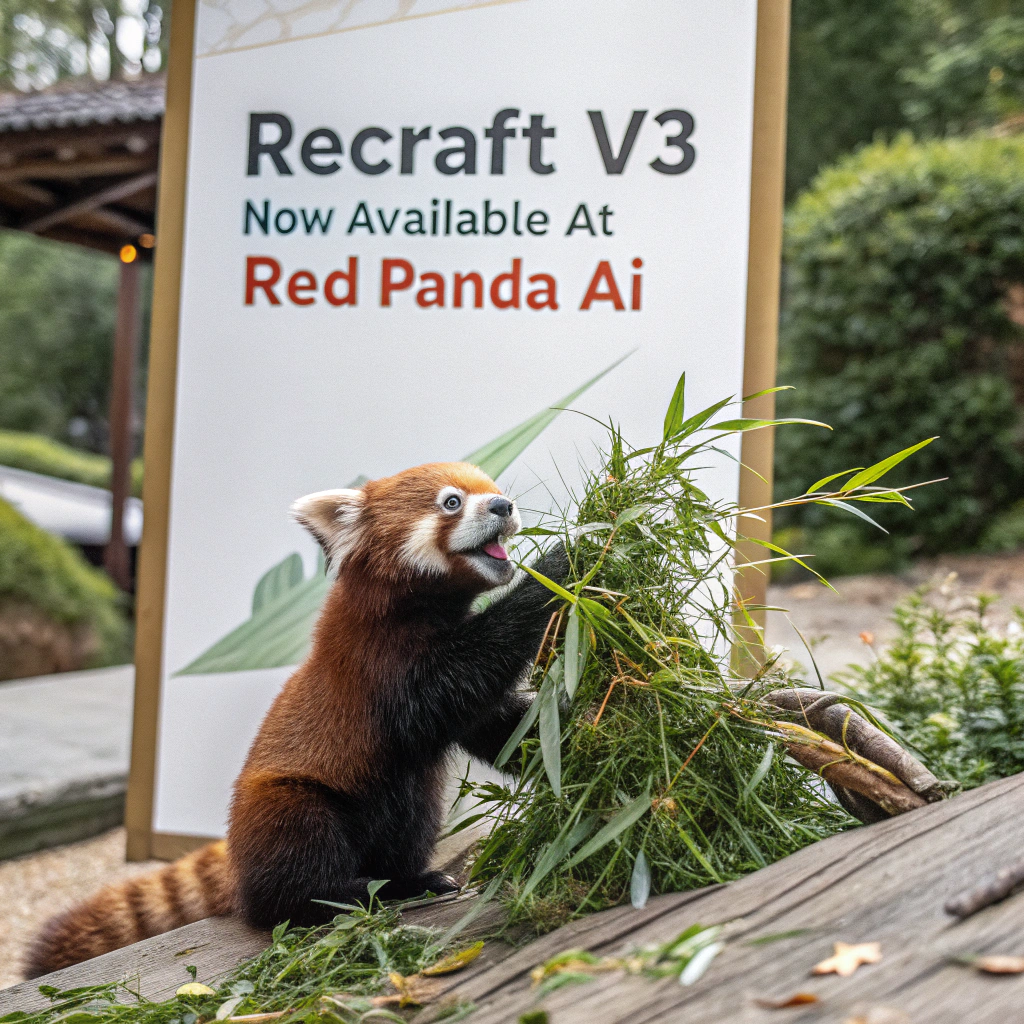 AI generated image by Red Panda AI: a red panda eating a bamboo in front of a poster that says "recraft V3 now available at red panda ai