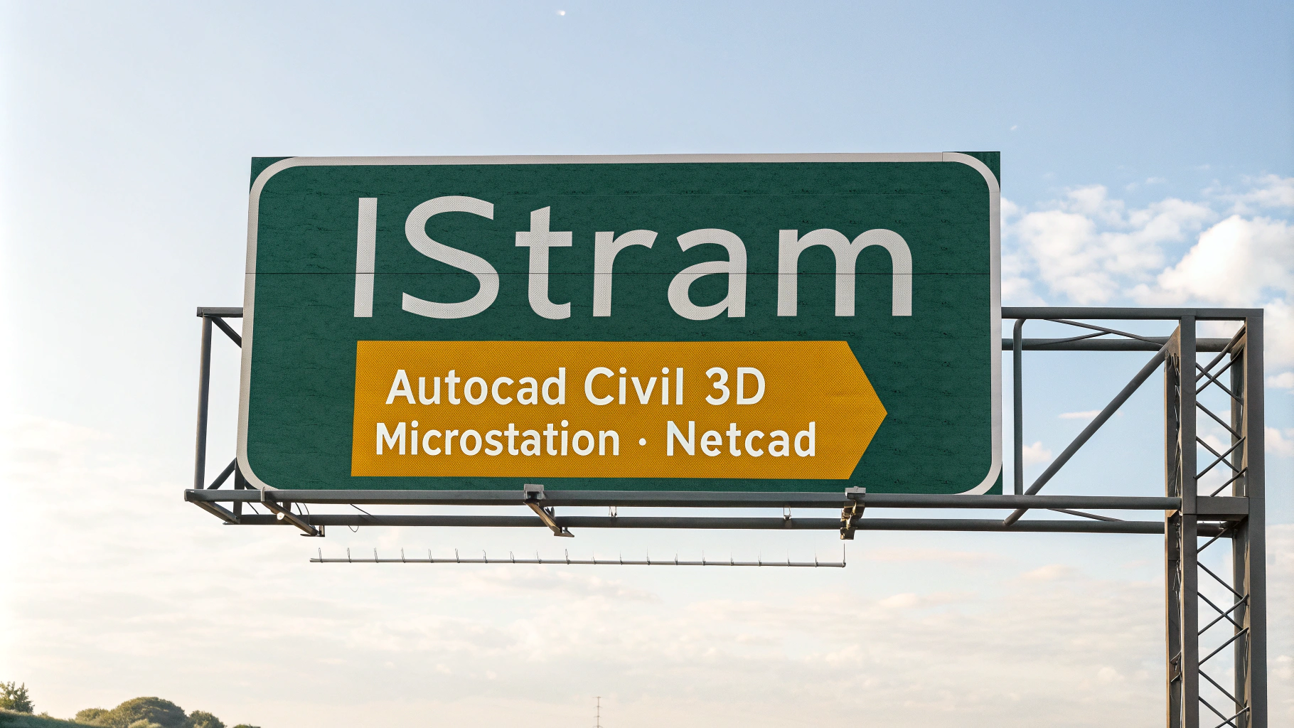 AI generated image by Red Panda AI: High-resolution image of a highway sign with the text “istram” in a different font. “Below the text 'istram' there are other texts: "Autocad Civil 3D", "Microstation" and "Netcad". The background is a light blue sky with a few white clouds. The sign is placed on the side of a highway.