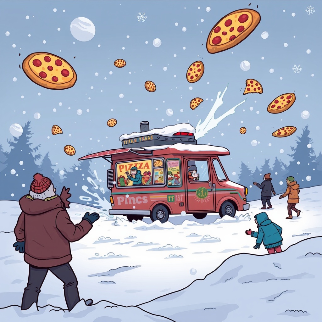 AI generated image by FLUX.1-schnell: Pizza truck ,snowstorm, stuck in a snowstorm with wind and people flying away, and pizzas flying through the air, snow apocalypse, style toon