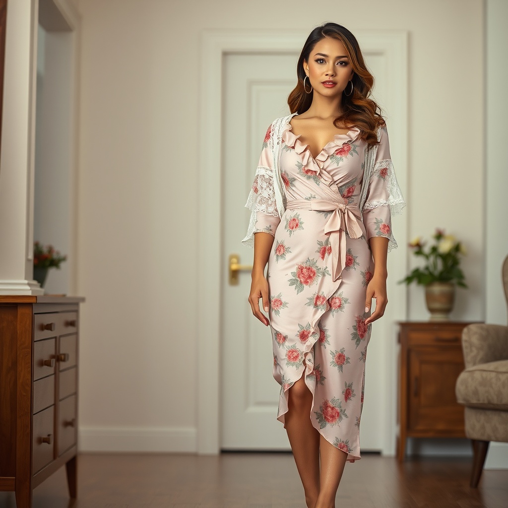 AI generated image by FLUX.1-schnell: A highly detailed, hyper realistic image depicting a full body view of a woman standing still inside her house. She is wearing a short light pink silk floral dress with a wrap design, three-quarter sleeves, and ruffles at the neckline and waist. The dress falls just below the knees, and she accessorizes with a white lace shawl, silver hoop earrings, and closed-toe high-heels.  Her hair is styled in loose waves, and her makeup is light and natural, enhancing her rosy cheeks and soft lips.  Her figure is curvaceous, with a large bust, narrow waist, and full hips. The pose is graceful, showcasing her figure to its best advantage. The lighting is soft and diffused, creating a warm and inviting atmosphere. The background is softly blurred, keeping the focus on the woman.  The overall style is that of a high-fashion photograph, with a strong emphasis on detail and texture, capturing the intricate details of the dress and the woman's features. The image is rendered with a hyper realistic style, emphasizing the subtle textures and nuances of the scene.  Full body view.