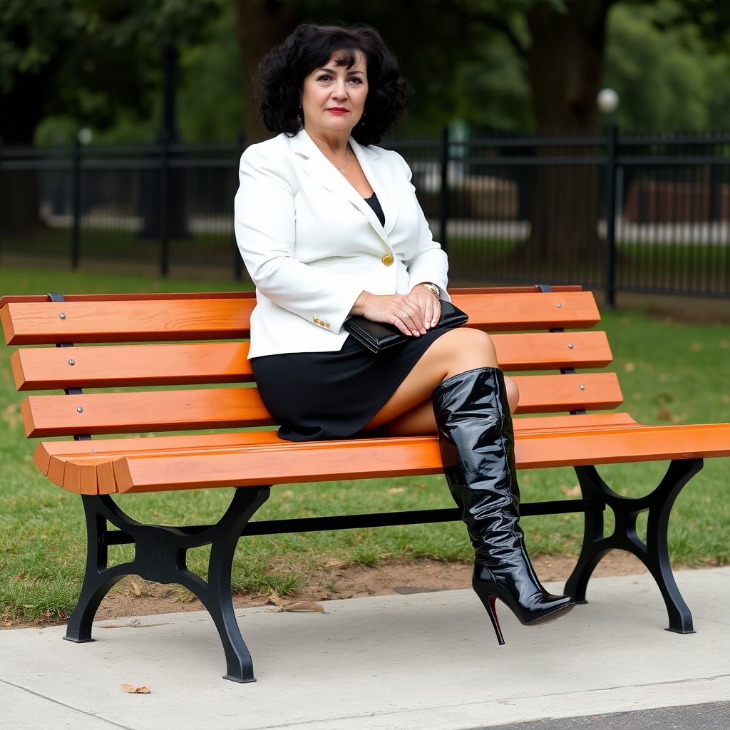 AI generated image by FLUX.1-schnell: A middle-aged woman, slightly overweight, is sitting sideways on a wooden bench in a park. She is wearing a white blazer, black skirt, dark yellow-beige tights and black patent leather thigh-high boots with stilettos, she has black curly hair with bangs, she holds a black clutch bag on her lap, and she looks seriously straight at the camera.  The bench stands on the sidewalk, with trees and a fence visible in the background.