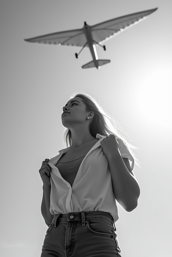 AI generated image by FLUX.1: Black and white photo of a young woman lifted her shirt to show her breasts to a hang glider flying overhead. Sky background. Backlight 