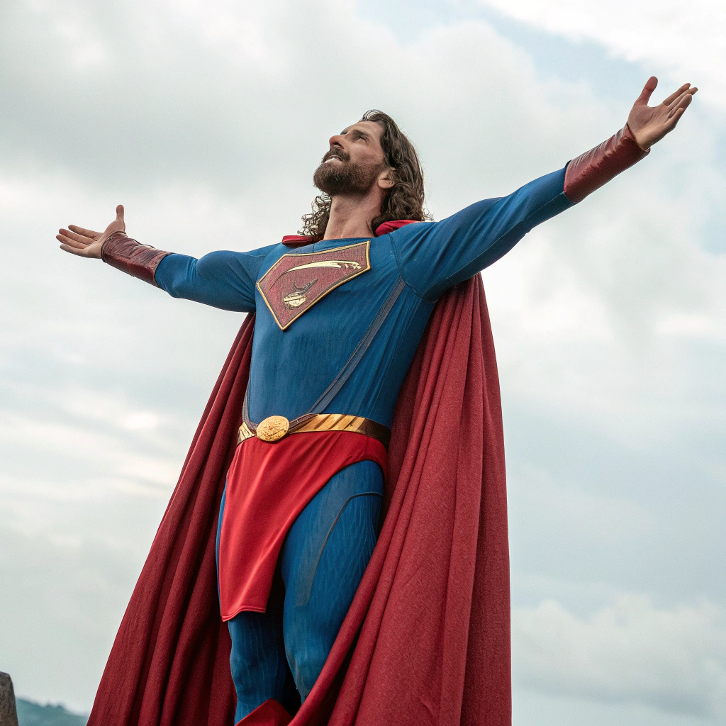 AI generated image by Red Panda AI: Jesus Christ with open arms wearing Superman's outfit, super realistic
