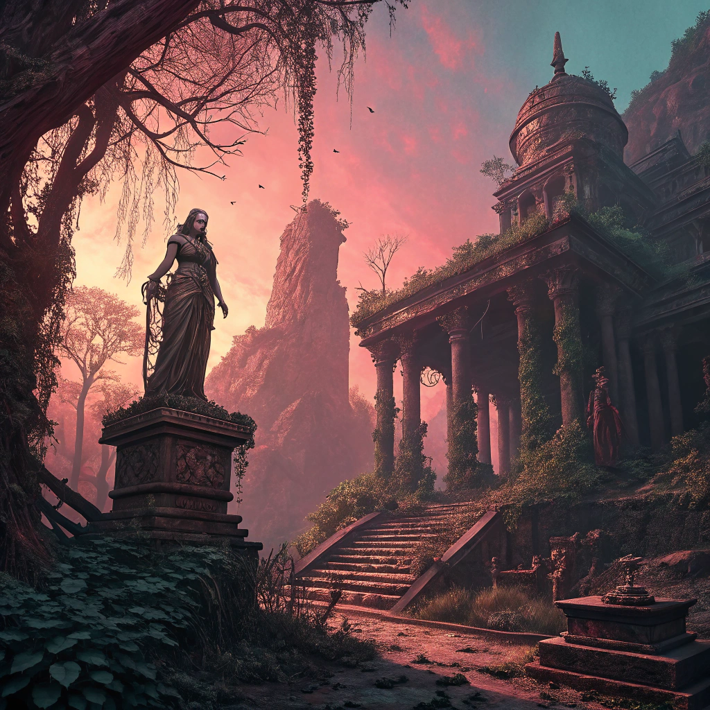 AI generated image by Red Panda AI: retro dark fantasy environment, surreal, garish colors, a ruined temple with a bronze goddess statue, in the style of Vermis