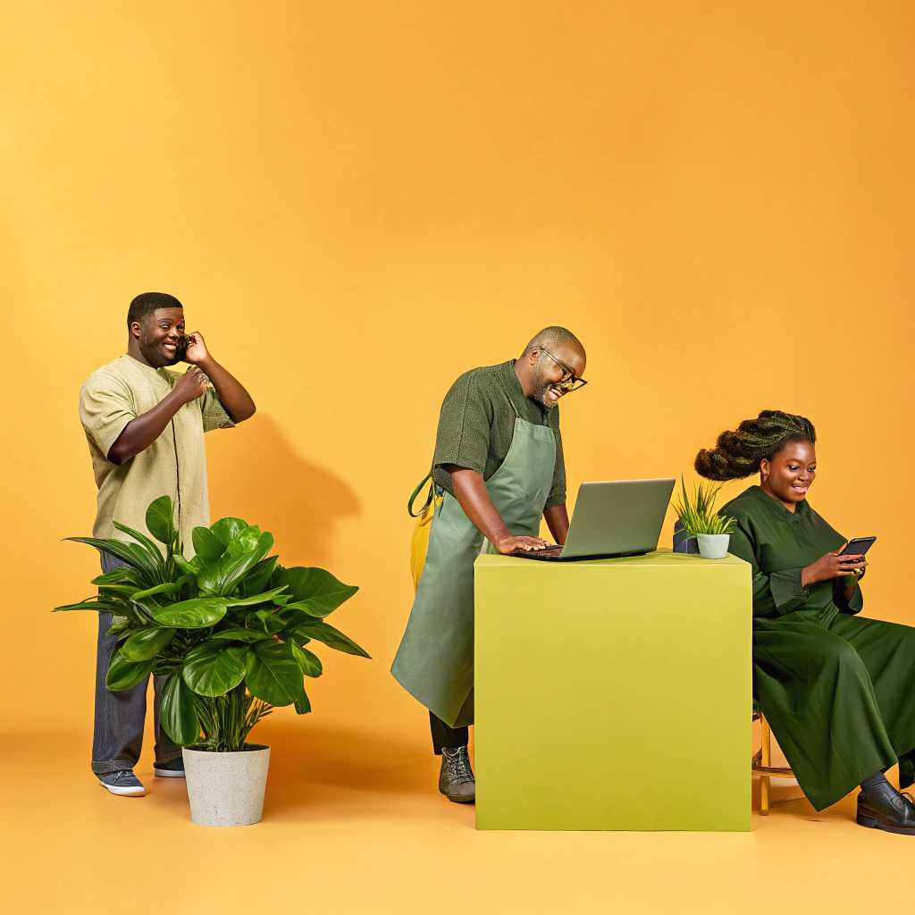 AI generated image by Red Panda AI: Create a realistic image that showcases a cross-section of diverse Caribbean individuals, reflecting a vibrant community of entrepreneurs and young professionals. Include men and women of various ethnic backgrounds, ages ranging from early 20s to late 30s. Each person should be depicted in their professional environment: a barber cutting hair, a hairdresser styling, a plumber fixing a sink, a virtual assistant working at a desk with a laptop, and small business owners (like a boutique owner or café operator) interacting with clients. The setting should be warm and lively, with natural lighting that enhances the authenticity and realism of the scene. Ensure facial expressions are friendly and engaged, portraying confidence and community spirit.