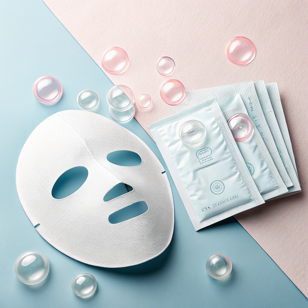 AI generated image by Red Panda AI: 请生成一张面膜的图片。画面可展示单片或多片面膜的包装，也可呈现面膜敷于脸部的效果，整体感觉清爽、高端。配色以柔和的白、蓝或淡粉为主，突出安全与舒适感。背景可采用简洁的渐变或纯色，能衬托产品的质感。若展示敷脸效果，请突出贴合度和水润光泽，让人感受到面膜的保湿与吸收性能。画面要简洁干净，并带有轻微的科技感。