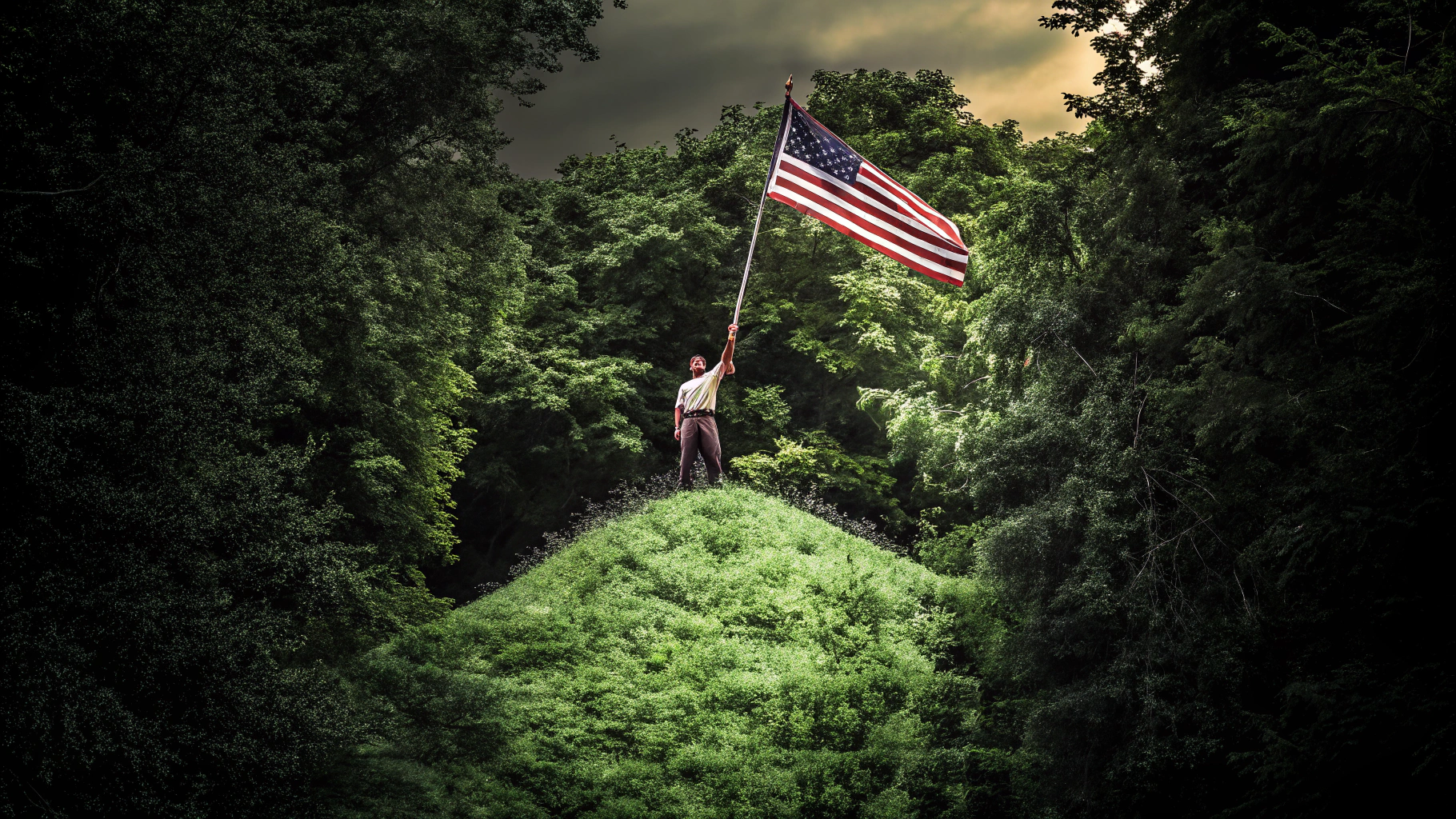 AI generated image by Red Panda AI: Donald Trump standing on top of a hill, planting an American flag firmly at the peak. The scene captures a sense of determination and patriotism, with the wind blowing gently, causing the flag to wave dynamically in the background. The image is taken as if captured by a Nikon D850 camera, bringing high clarity, vivid colors, and fine details to his face and the flag. The setting is realistic, with warm, natural lighting that highlights the landscape and creates a sense of depth and grandeur.