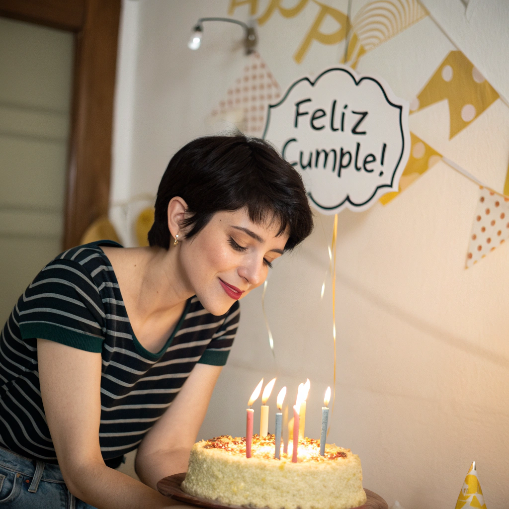 AI generated image by Red Panda AI: imagen de una muchacha hermosa de unos 25 años, con el pelo negro muy corto, frente a una torat de cumpleaños con velas encendidas. y que en la imagen diga ¡feliz cumple!