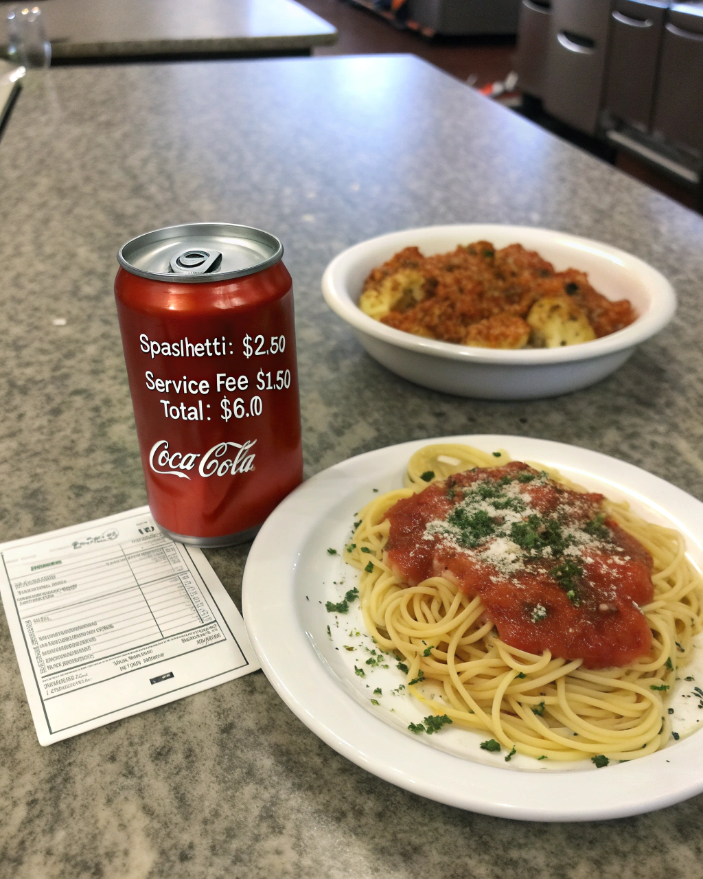 AI generated image by Red Panda AI: A table with a can of Coca-Cola on the left, the label clearly visible. Next to it, a plate of spaghetti topped with tomato sauce and a sprinkle of herbs. The pasta is arranged in a way that highlights the vibrant sauce. On the right side of the table, a receipt is placed flat, showing itemized details and the total amount clearly visible:

Spaghetti: $12.50
Coca-Cola (Can): $2.00
Service Fee: $1.50
Total: $16.00
The receipt is printed with a clear, legible font.