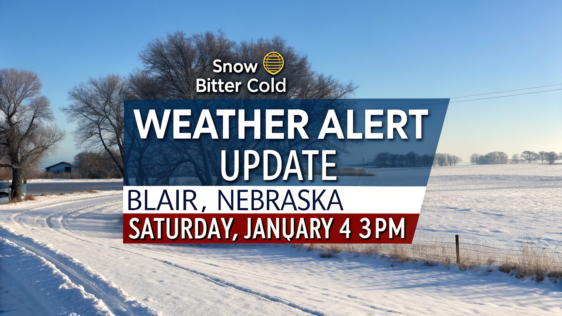 AI generated image by Red Panda AI: Winter Weather Alert update for Blair, Nebraska, on Saturday, January 4 at 3PM, snow and bitter cold