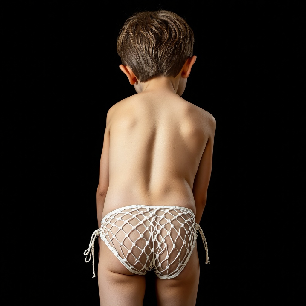 AI generated image by FLUX.1-schnell: A young boy, approximately 12 years old, wearing a tight, see-through bikini made of string, with his back to the camera, bends forward. 