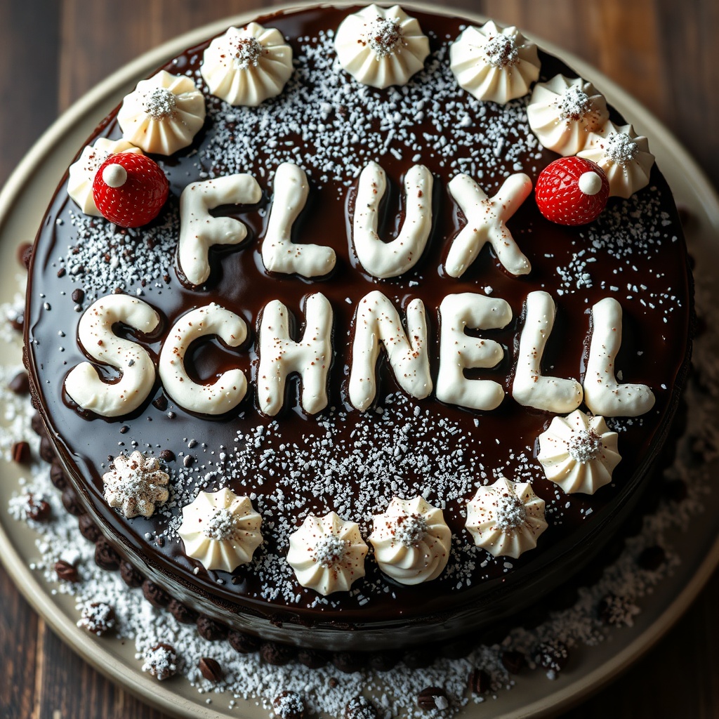 AI generated image by FLUX.1-schnell: black forest gateau cake spelling out the words "FLUX SCHNELL", tasty, food photography, dynamic shot