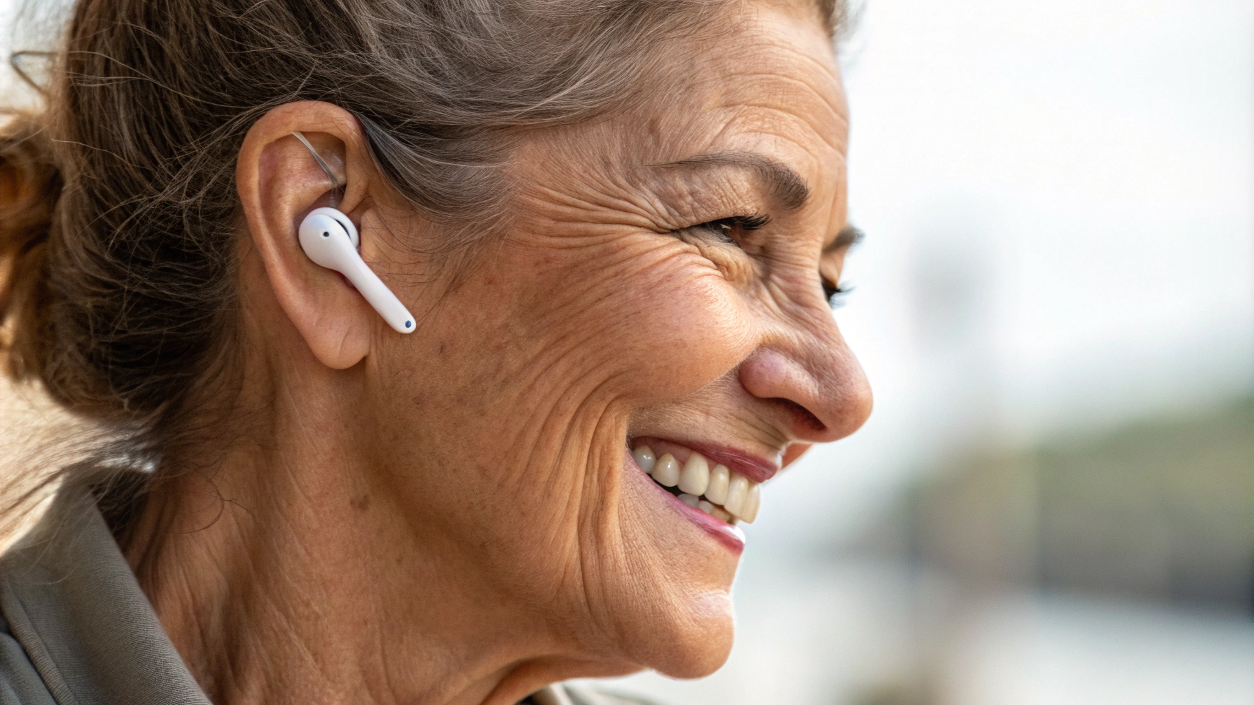 AI generated image by Red Panda AI: close-up on the side view of a smiling grandmother. She has an Apple AirPods in her ear.
