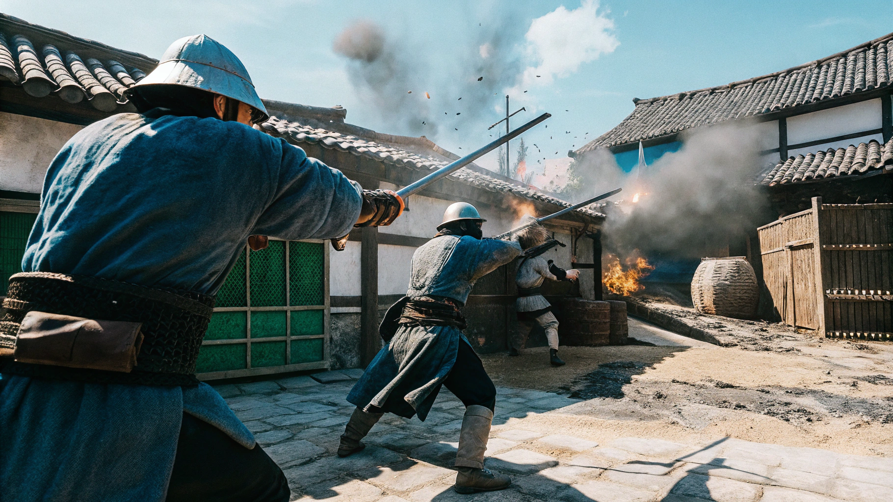 AI generated image by Red Panda AI: Brave soldiers of 
Joseon Dynasty fighting against Japanese marines in 1542, fighting with spears and swords, the background being a ruined village.