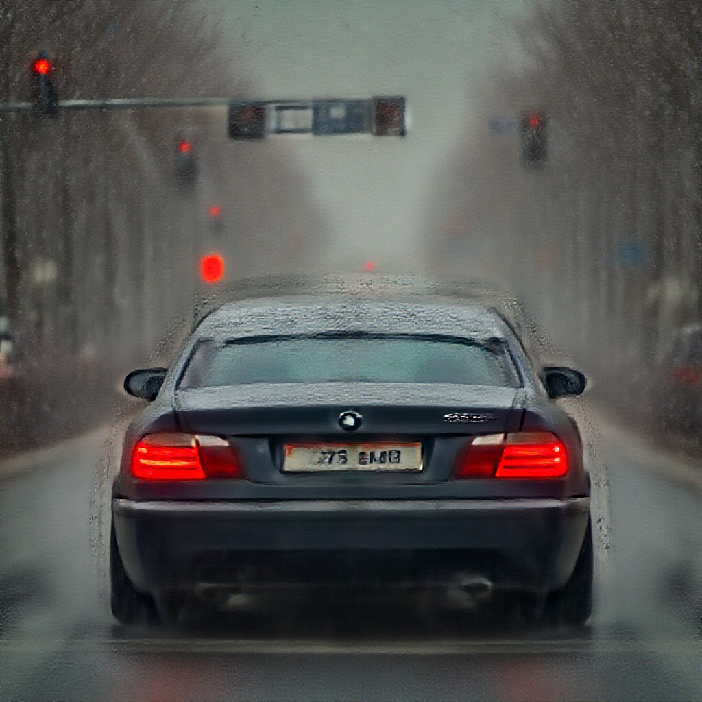 AI generated image by FLUX.1-pro: A BMW car was waiting for the red light at the traffic light. The license plate number was "235 AU8".