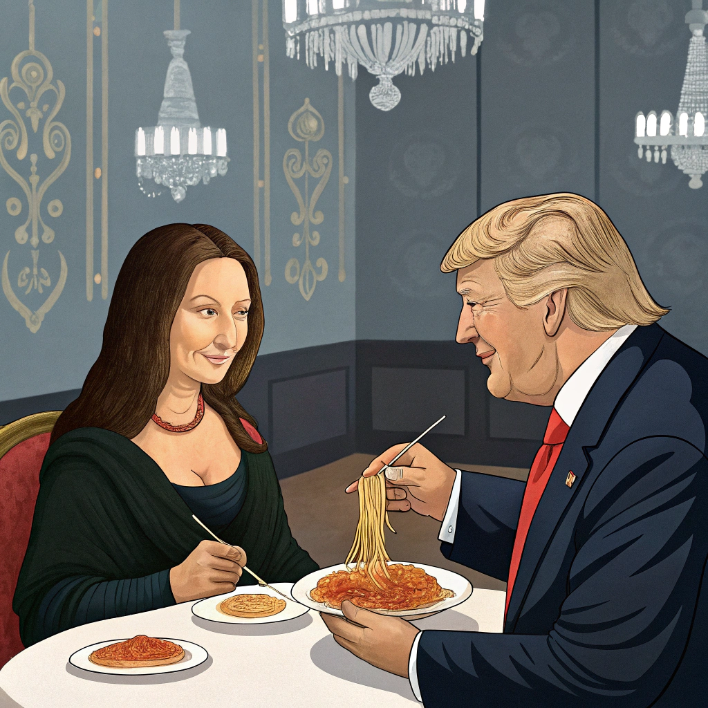 AI generated image by Red Panda AI: Mona Lisa eating spaghetti with Donald Trump