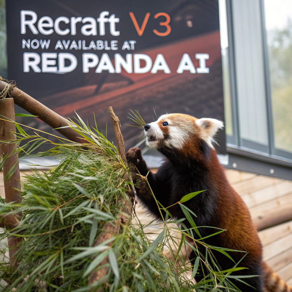 AI generated image by Red Panda AI: a red panda eating a bamboo in front of a poster that says "recraft V3 now available at red panda ai