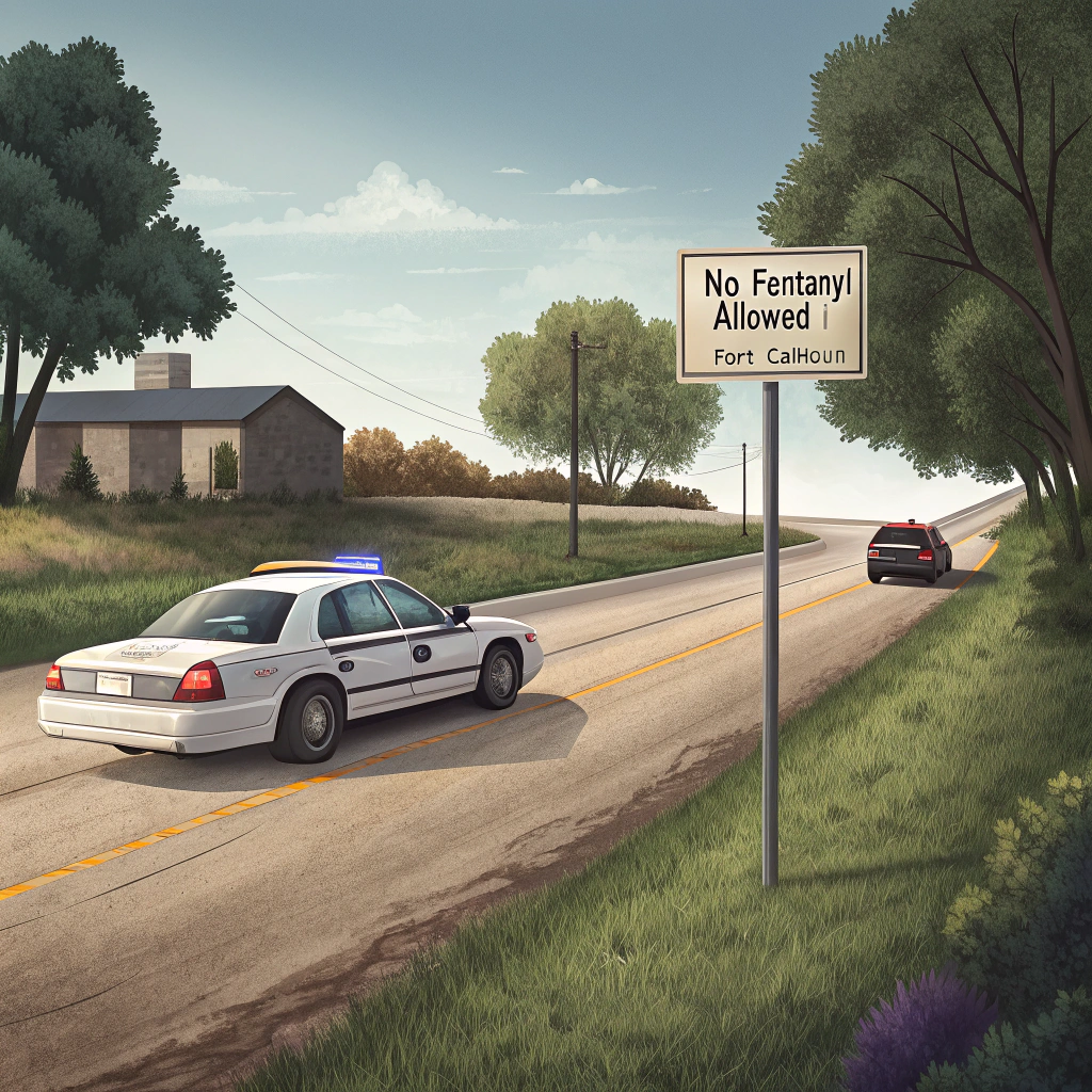 AI generated image by Red Panda AI: fentanyl in fort calhoun, nebraska found in a traffic stop.  There is a sign that says, "No Fentanyl Allowed in Fort Calhoun"