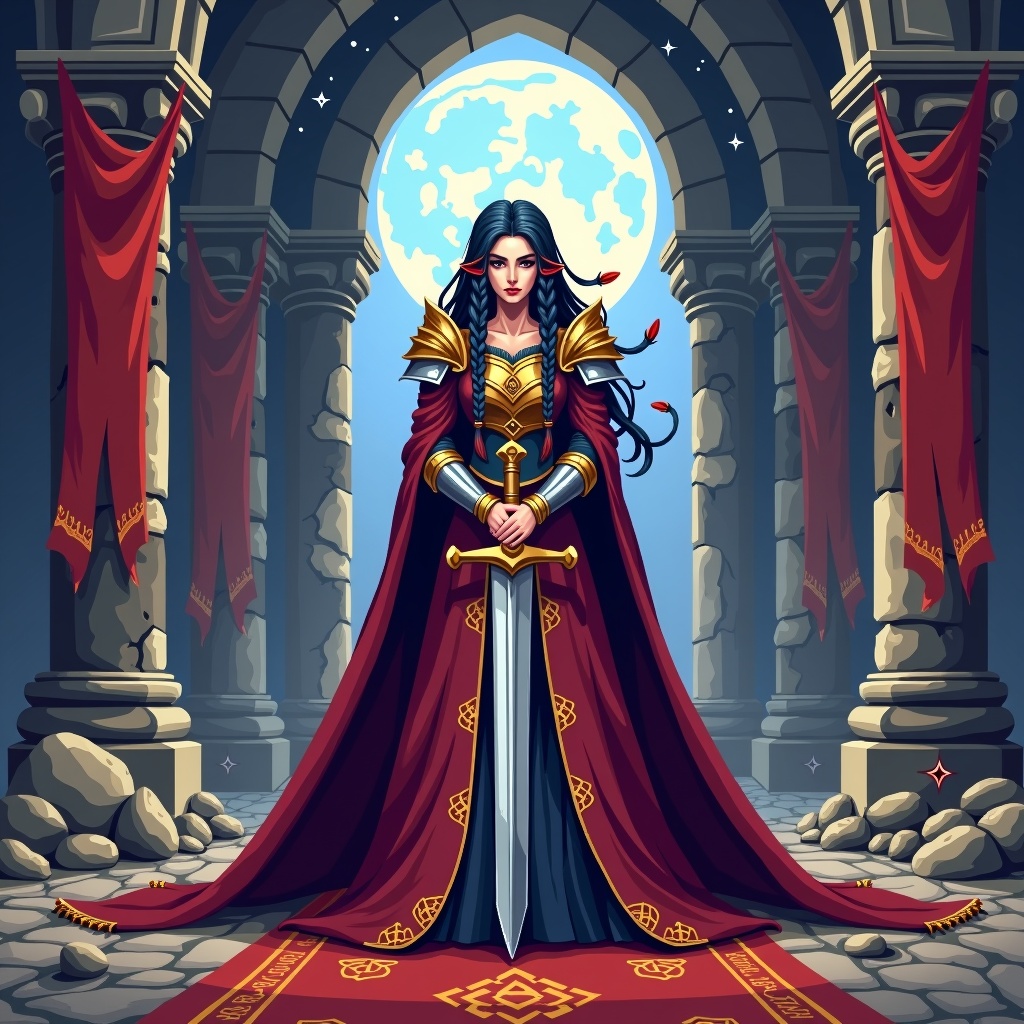 AI generated image by FLUX.1: "A breathtaking, pixelated princess stands boldly at the center of the scene, framed by the crumbling arches of an ancient throne room bathed in moonlight. She is draped in a flowing, deep crimson cloak embroidered with golden sigils — regal yet weathered. Her armor gleams with soft light, nicked and scarred from battle, and a ceremonial sword rests calmly across her back. Her piercing eyes stare directly ahead with unwavering resolve, framed by windswept hair braided with feathers, bones, and silver thread — the markings of a warrior queen who writes her own legacy.

She is not a damsel — she is destiny in motion. Behind her, torn banners ripple in the wind; faint stars shimmer through shattered stained-glass windows. The room hums with dormant magic and revolution.

The entire scene is rendered in nostalgic, 16-bit pixel art, complete with grainy CRT-style textures, visible scan lines, and soft pixel bloom around torchlight and magical highlights in her eyes. This image feels pulled from the title screen of a long-lost SNES-era RPG — one where she is the first and only name in the prophecy. Commanding. Timeless. Unforgettable."