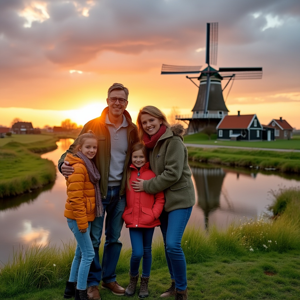 AI generated image by FLUX.1-pro: A hyperrealistic photo of a family on vacation in the Netherlands. The family, consisting of two adults and two children, stands in front of a picturesque windmill at sunset. They are dressed in cozy, colorful casual wear, smiling warmly as they lean together for the camera. In the background, a classic Dutch landscape unfolds with green meadows, small canals, and scattered trees. The clouds in the sky reflect the warm hues of the sunset, casting a soft light over the scene, creating a peaceful and joyful vacation atmosphere. (Taken with: full-frame camera, 35mm, f/2.8, ISO 100)