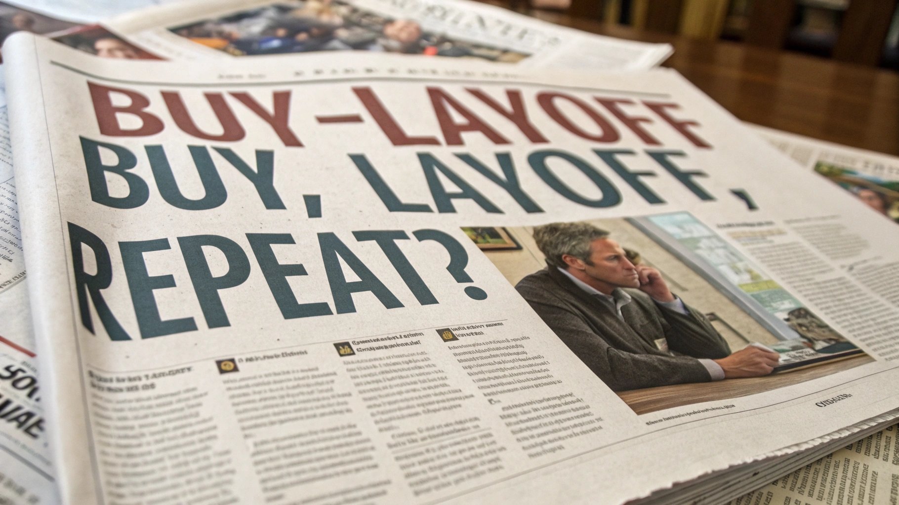 AI generated image by Red Panda AI: Headline reads, "Buy, Layoff, Repeat?"