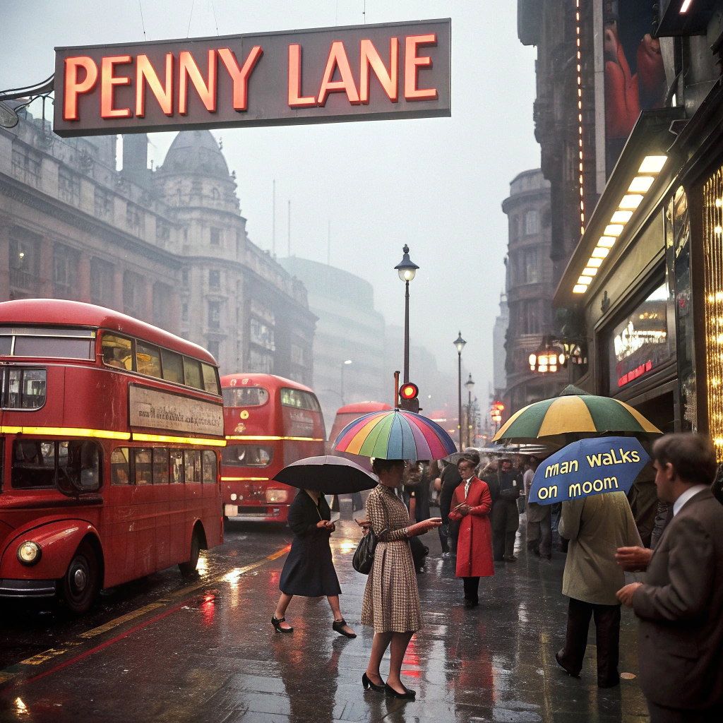 AI generated image by Red Panda AI: A bustling 1960s London street scene on a rainy afternoon. The street is lined with iconic red double-decker buses, black cabs, and people holding colourful umbrellas. A Beatles-inspired band performs on a street corner, with their instruments reflecting in the wet pavement. In the background, Big Ben is visible through a light fog. A neon sign above a small café reads 'Penny Lane' in glowing letters. On the right, a woman in a stylish 1960s dress is waiting for the bus, holding a newspaper with the headline 'Man Walks on Moon.' Raindrops are visibly falling, creating ripples in puddles, and the whole scene has a blend of nostalgia and realism.
