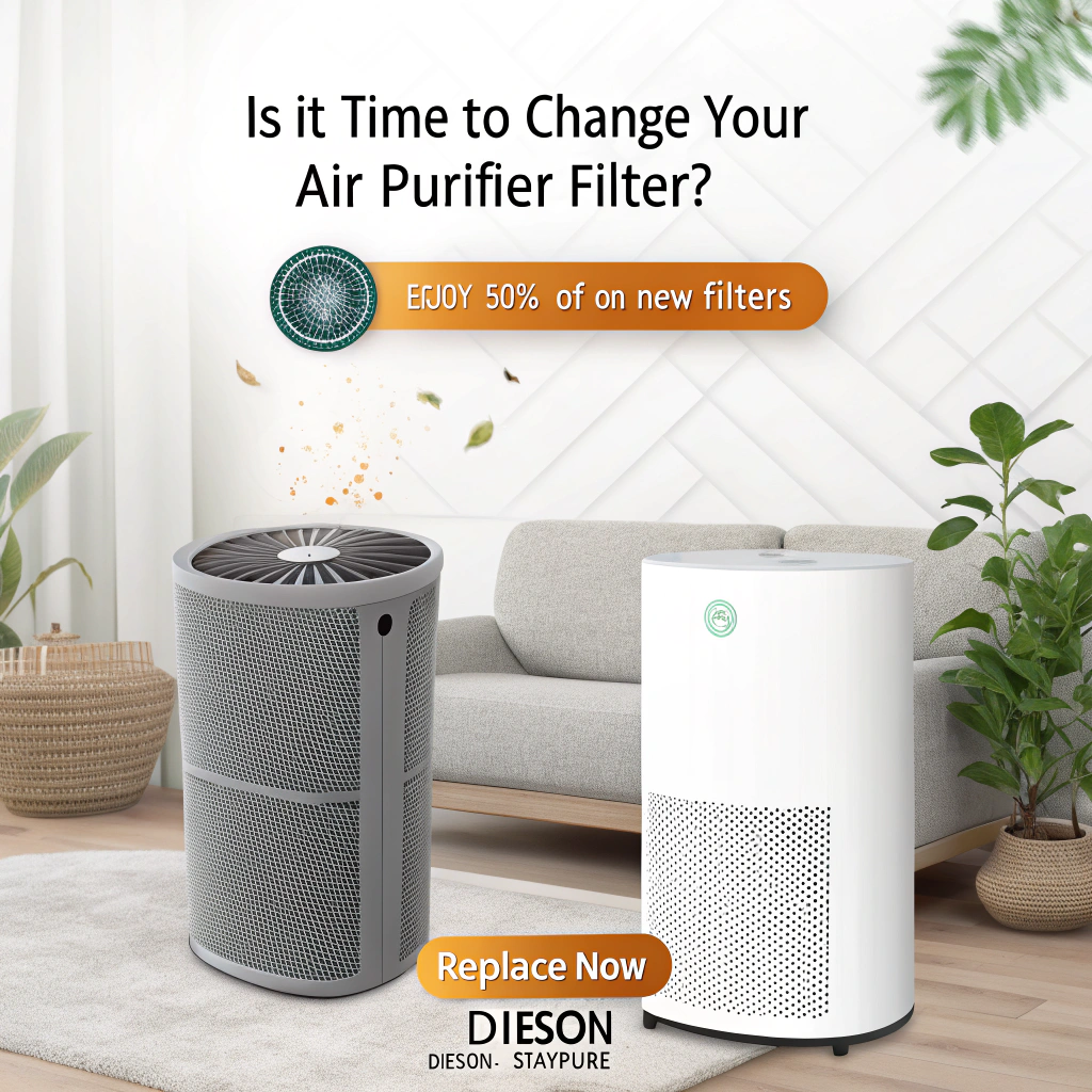 AI generated image by Red Panda AI: Create a ad

In the center of the frame, place an air purifier against a home interior backdrop. 

Left side: Apply a gray filter , showing bacteria particles to highlight the need for filter replacement. 

Right side, use a warm, bright filter, giving the picture a cozy and fresh atmosphere. 

Add below texts
a "Replace Now" button over the image to prompt action.
Main Title: "Is It Time to Change Your Air Purifier Filter?"
Subtitle: "Enjoy 50% Off on New Filters"
Small Headline: "Stay Dieson, Stay Pure
Brand logo: "Dieson"