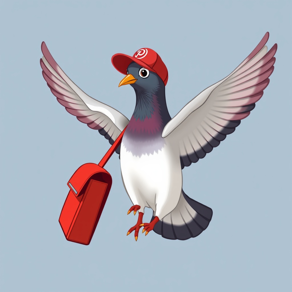 AI generated image by FLUX.1-schnell: A flying postal pigeon with a red baseball hat on the head and carrying a red shoulder bag over his left wing