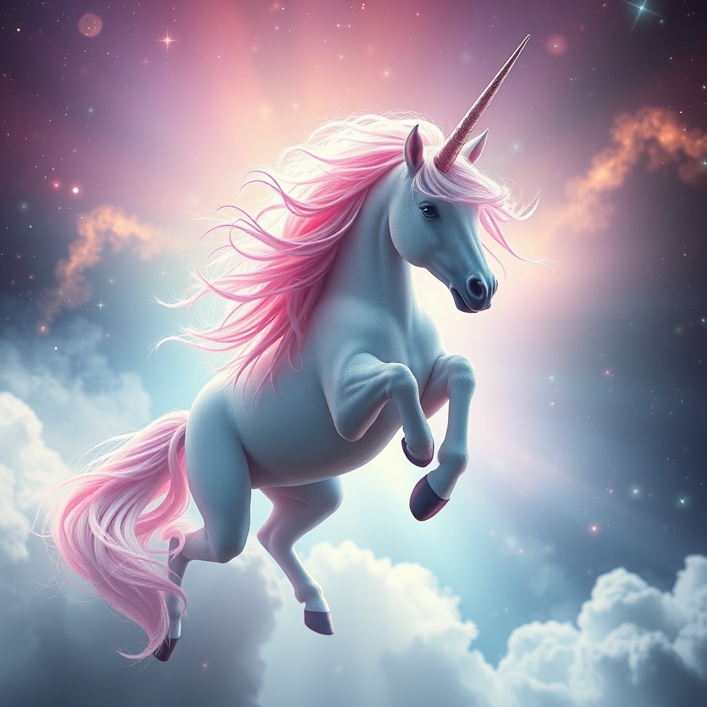 AI generated image by FLUX.1-schnell: create me a awesome unicorn with wigs flying thru space in a amazing backgound effect
