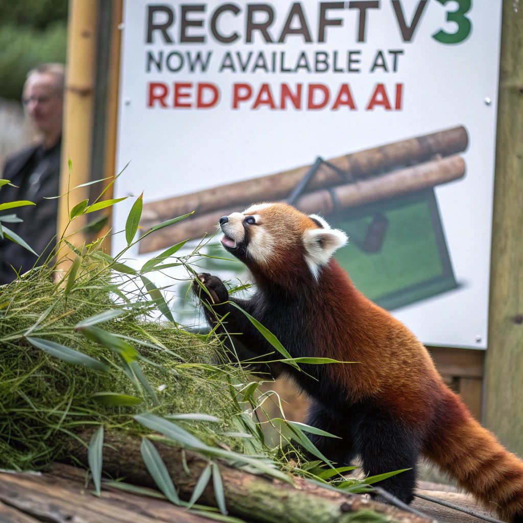 AI generated image by Red Panda AI: a red panda eating a bamboo in front of a poster that says "recraft V3 now available at red panda ai
