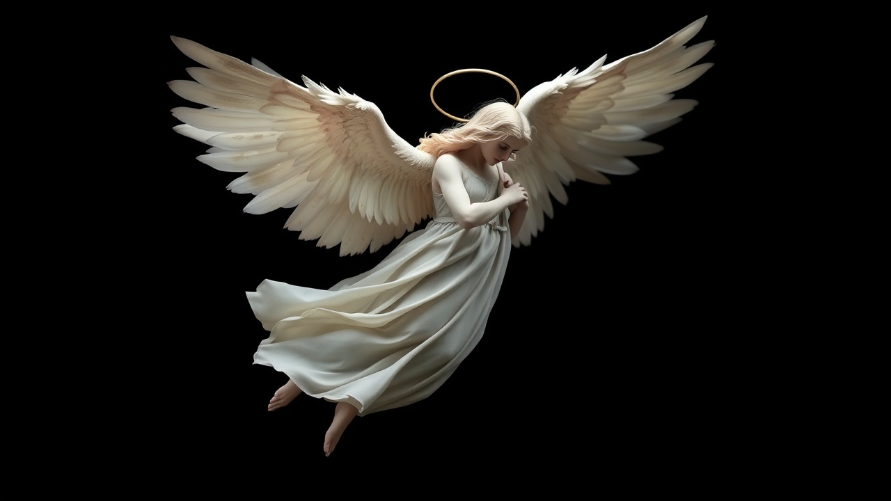 AI generated image by FLUX.1-schnell: a angel on black background... mystical, etheral, heavenly, whole angel is in the image , nothing is out of frame... the angel is oriented sideways and looks down