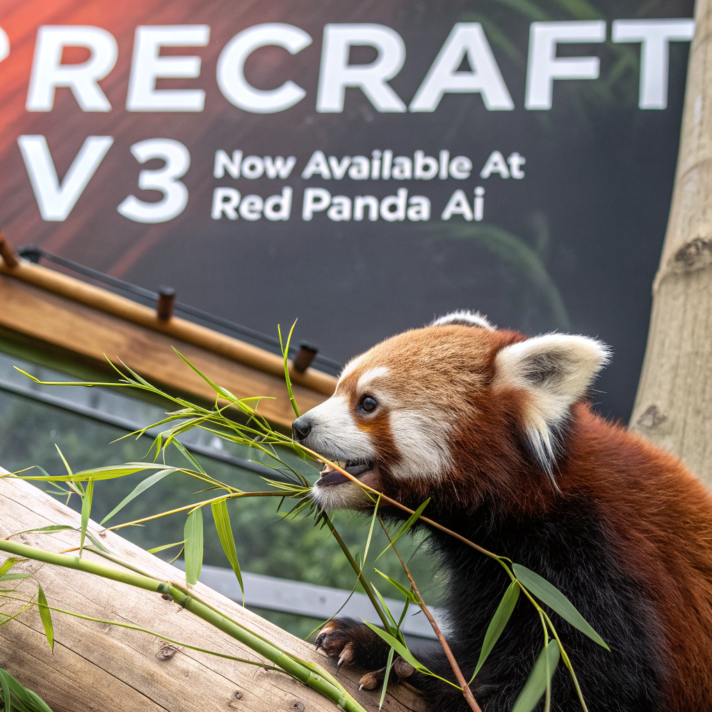 AI generated image by Red Panda AI: a red panda eating a bamboo in front of a poster that says "recraft V3 now available at red panda ai