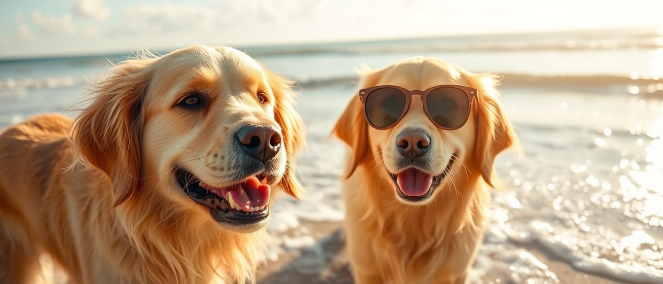 AI generated image by FLUX.1-schnell: Perro Golden retrive dorado con lentes de sol y fondo de playa hermoso 