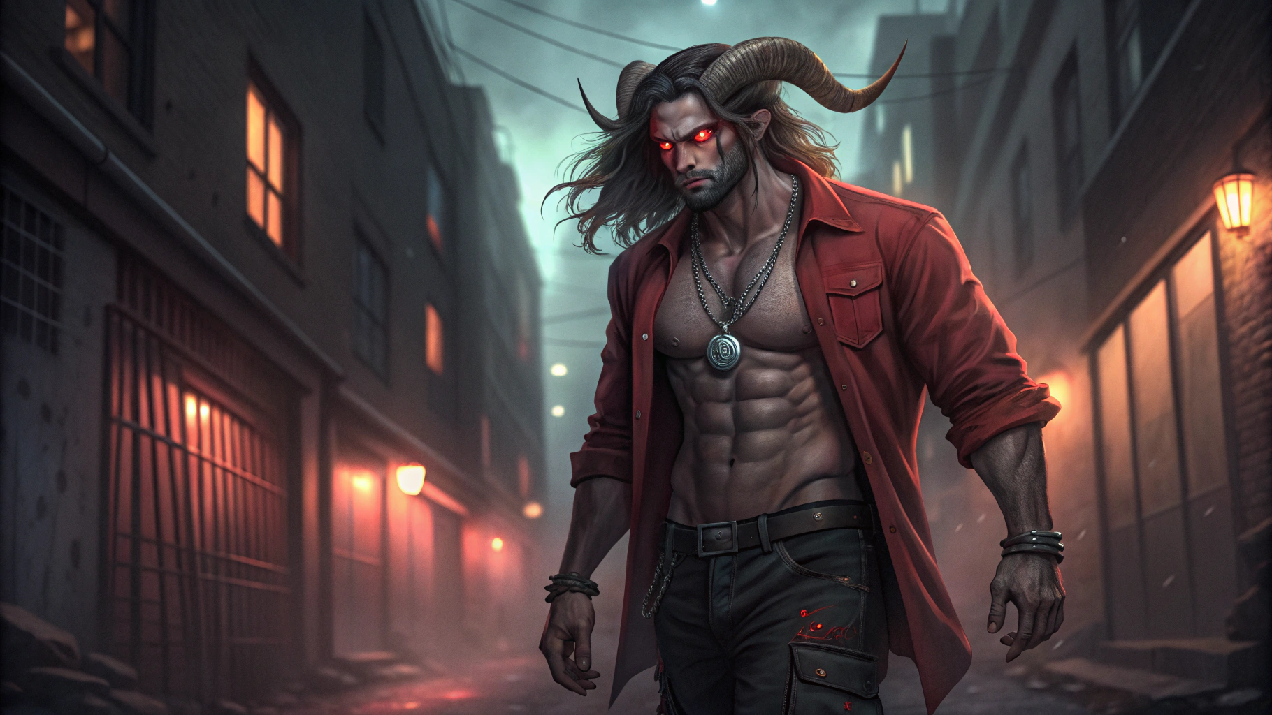 AI generated image by Red Panda AI: 1 man, slightly long hair, dark hair, messy hair, glowing red eyes, three horns (one large horn on right side, two smaller horns on left side), muscular, unbuttoned red shirt, silver chain necklace, pendant, black cargo jeans, multiple pockets, straps, dimly lit urban alley, neon lights