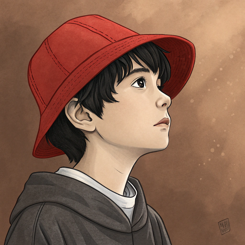AI generated image by Red Panda AI: un chico de estatura de un niño de catorse años y que utilise gorro rojo y que el pelo le tape los ojoj pero no la boca y quese bea dibujado y con un fondo cafe  y que chico tenga pelo negro y que este mirando de frente

