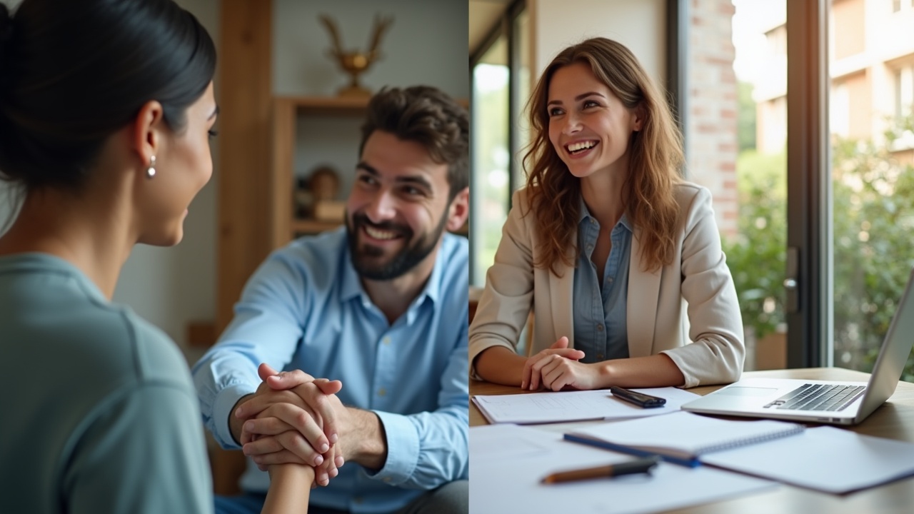AI generated image by FLUX.1: A split-screen image: on one side, two friends reconciling with a handshake; on the other, a person confidently planning a budget, with financial tools and notes spread across the table. The tone is empowering. Photo realistic, -air 16:9.