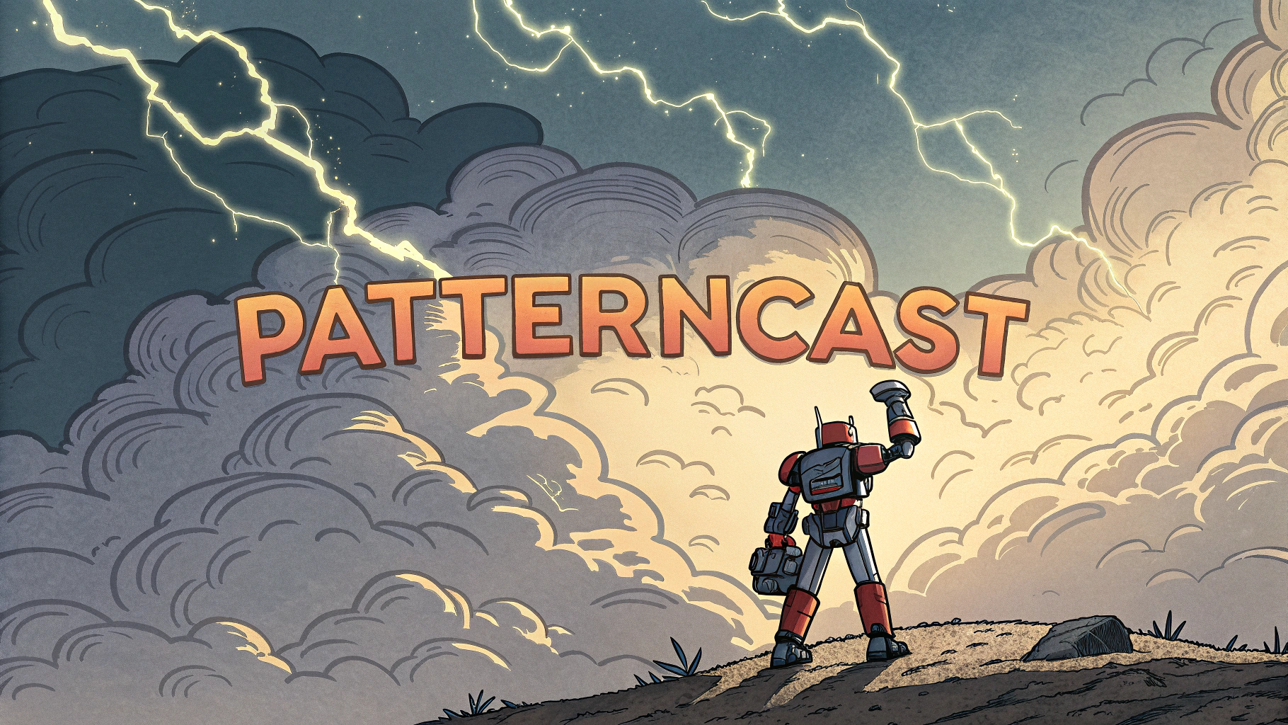 AI generated image by Red Panda AI: a storm cloud is gathering, a robot called "PatternCast" stands in the middle holding back the storm, amazing "PatternCast" text, electric, epic "PatternCast" text, cartoon style of frank frazetta