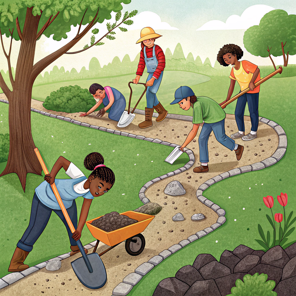 AI generated image by Red Panda AI: CREAME UNA IMAGEN DONDE UNOS ESTUDIANTES CONSTRUYAN UN CAMINO
