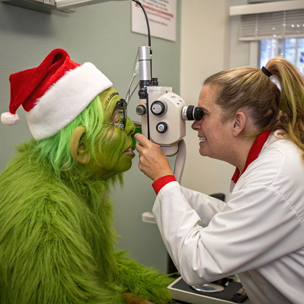 AI generated image by Red Panda AI: El Grinch se está haciendo un examen con el foróptero y queda sorprendido, la vista principal es que el Grinch está observando al usuario de frente, la foto que has generado, está mal, ya que está de lado no frente al GRINCH