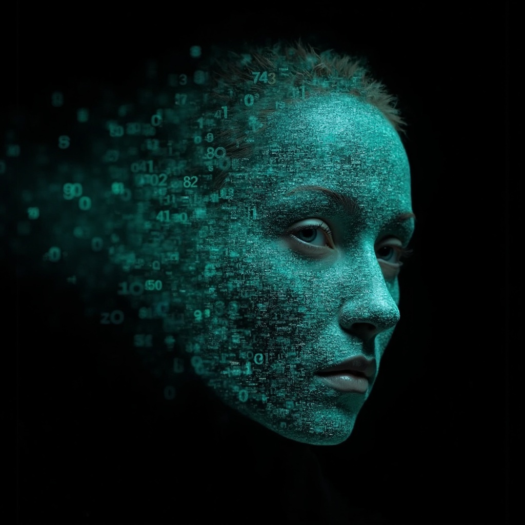 AI generated image by FLUX-Realism-Lora: Emmy Noether's face as a digital mask made from thousands of bright turquoise numbers and formulas forming her face. The formulas and numbers fly behind the mask leaving a trail of complexity. The mask is floating dynamically in mid air. Her head is turned to the right but her eyes are looking directly into the camera. The mask is on a black background. Like a png with black only background. Photo realistic, sci-fy
