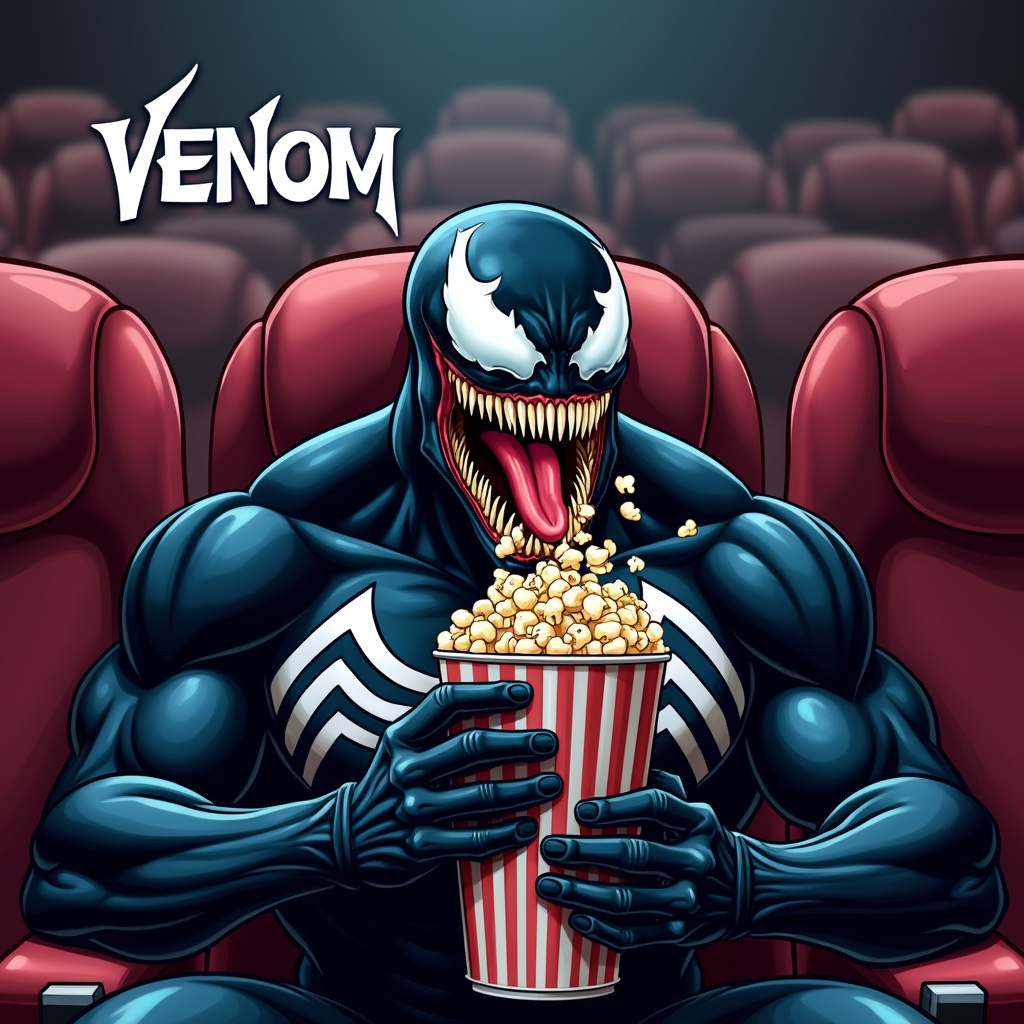 AI generated image by FLUX.1-pro: Venom eating pop corn at cinema, with text "Venom at movie" 