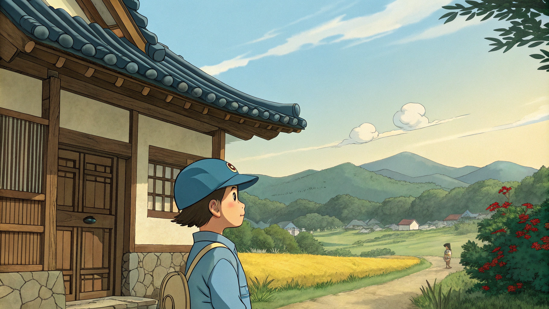 AI generated image by Red Panda AI: ghibli style Japanese animation, a boy with blue cap standing in front of a old house in a countryside of South Korea, sunny, daytime, full shot of a boy, cinematic