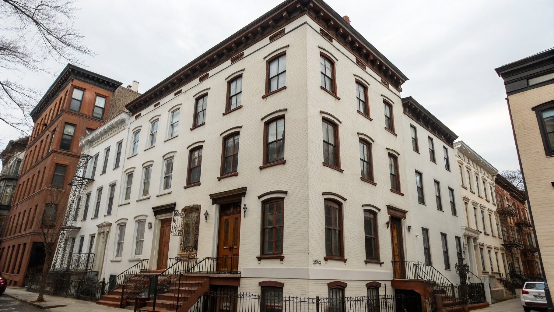 AI generated image by Red Panda AI: A five-story, L-shaped, tenement-style building with white facades and brown windows