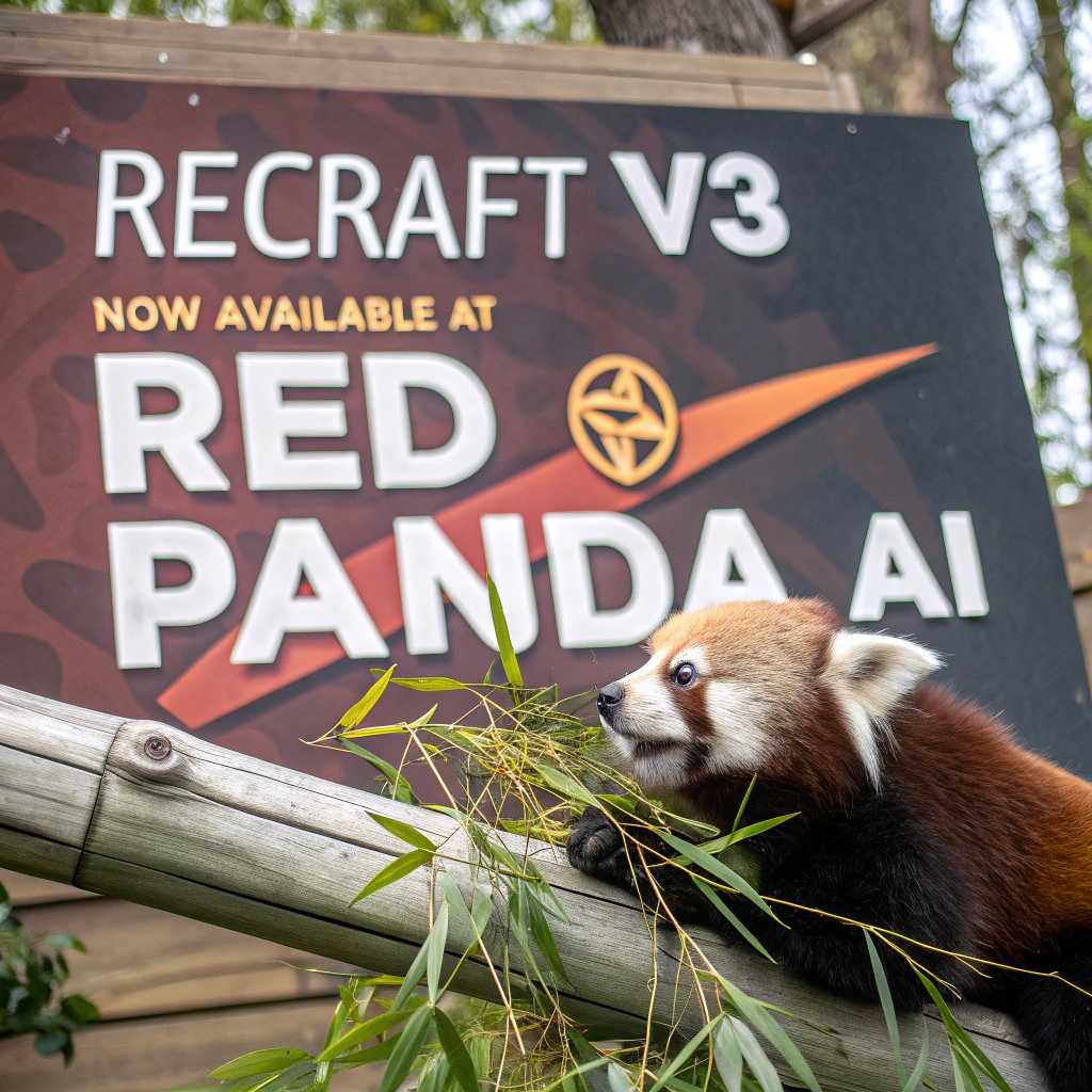 AI generated image by Red Panda AI: a red panda eating a bamboo in front of a poster that says "recraft V3 now available at red panda ai
