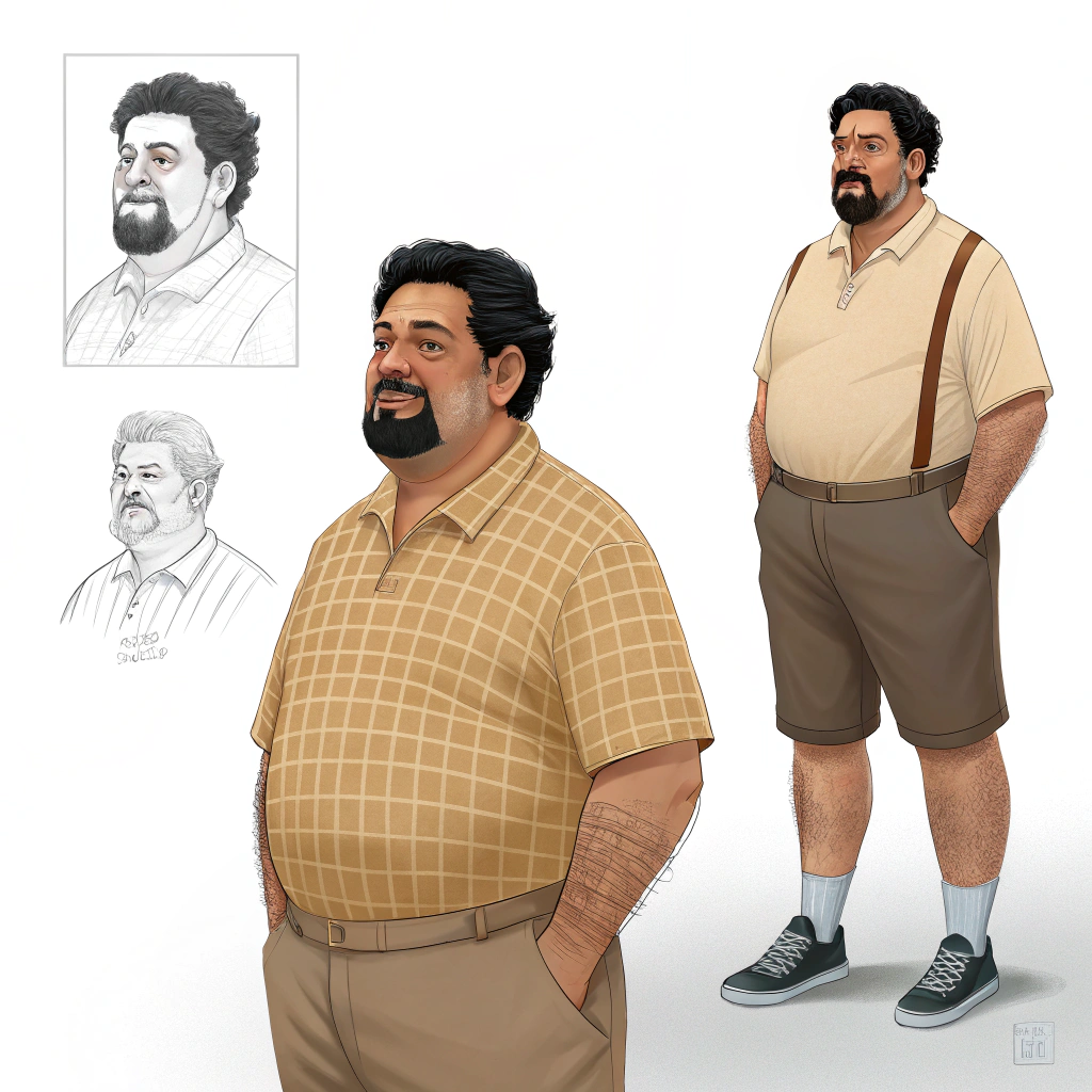 AI generated image by Red Panda AI: Quiero que sora me aga un personaje que sea blanco sialoense y pelo negro con barba como de 55 años t mida 165 cm gordo y comico muy real y que pueda tener muchas vestimentas y de cuerpo completo y de frente y de las rodillas para arriba lo mas realista posible