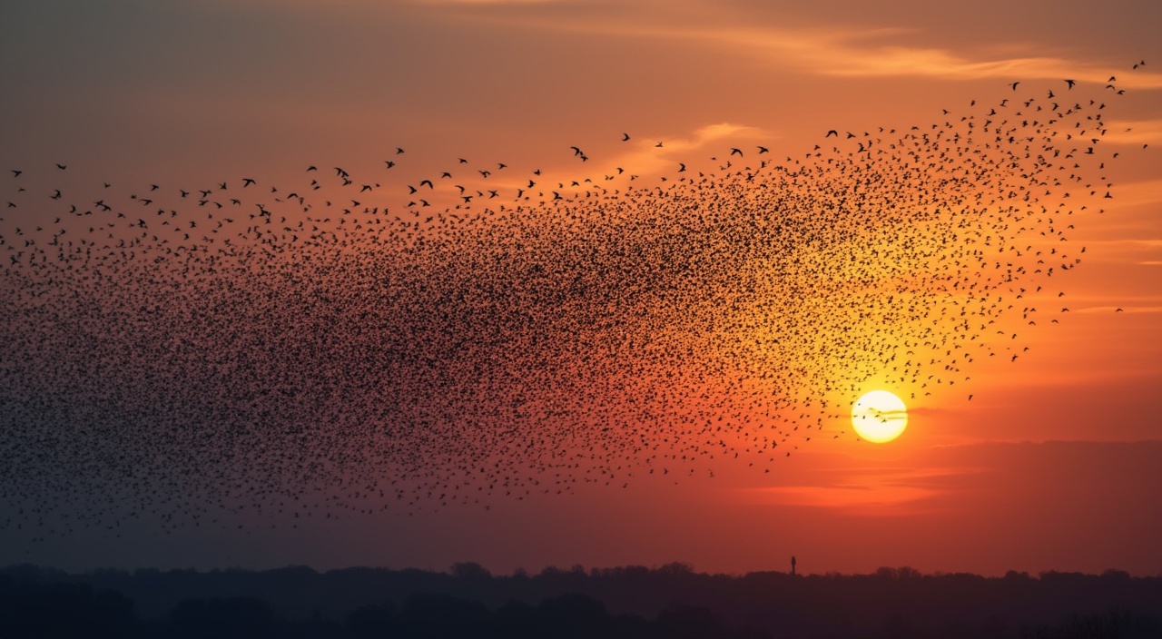 AI generated image by FLUX.1-pro: Multiple exposure photograph of a starling murmuration at sunset. Dynamic flow patterns of thousands of birds creating intricate neural network-like structures against a gradient sky. Long exposure captures showing multiple moments of flight simultaneously, creating data visualization-like patterns. Orange and purple sunset sky as backdrop. Seamless overlay of several time frames, with some birds rendered as abstract data points while others maintain crisp bird silhouettes. Complex interconnected patterns emerge from the flight paths. Professional photography style, high resolution, captured with telephoto lens effect. Cinematic dramatic lighting from the setting sun creating rim lighting on bird formations. Mix of sharp and motion-blurred elements. Style reference: combination of wildlife photography and scientific data visualization. Some sections of birds transform into flowing data points and mathematical patterns. Deep contrast between dark bird silhouettes and glowing sky.